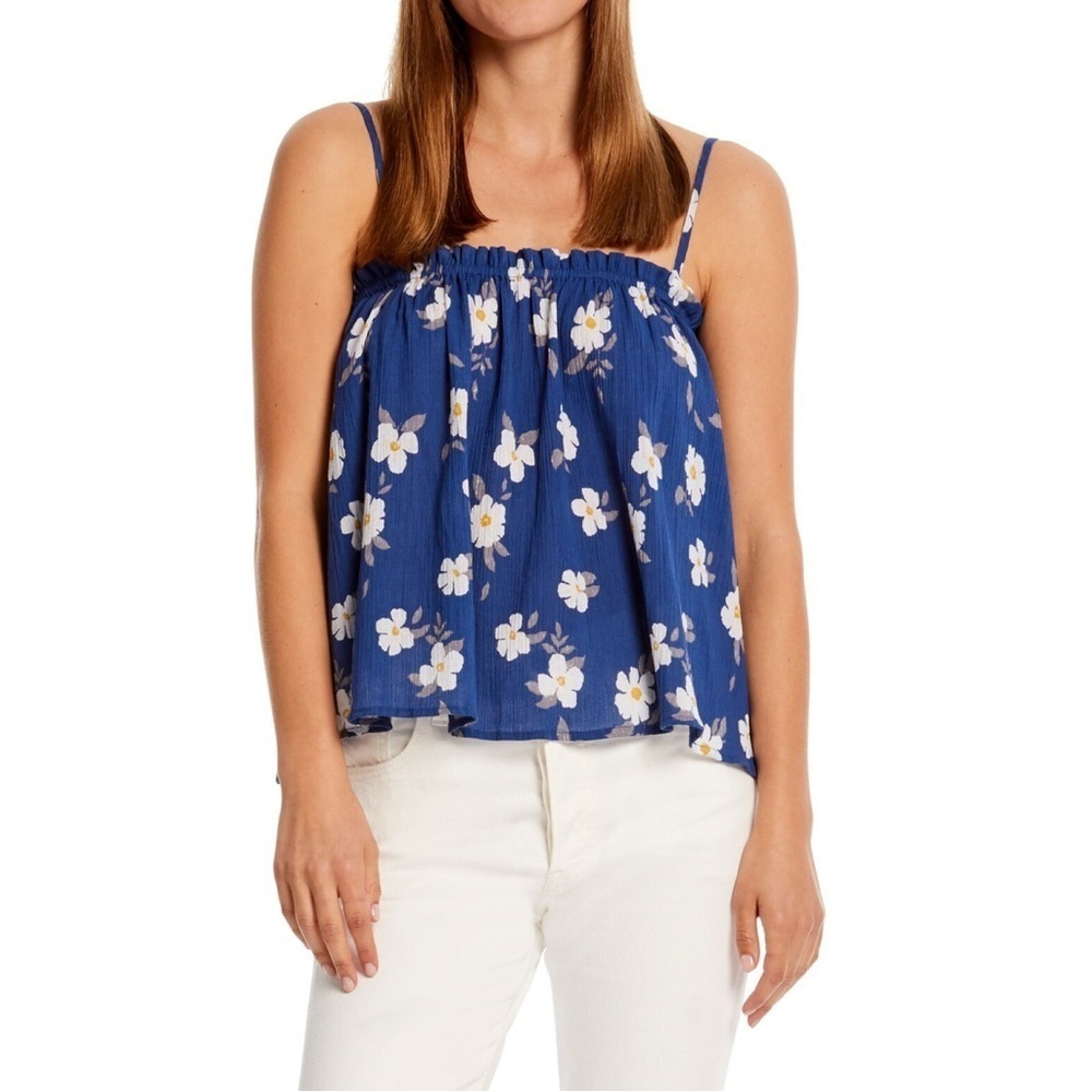NEW Michael Stars Vera Floral Ruffle Tank Top Regatta Blue
